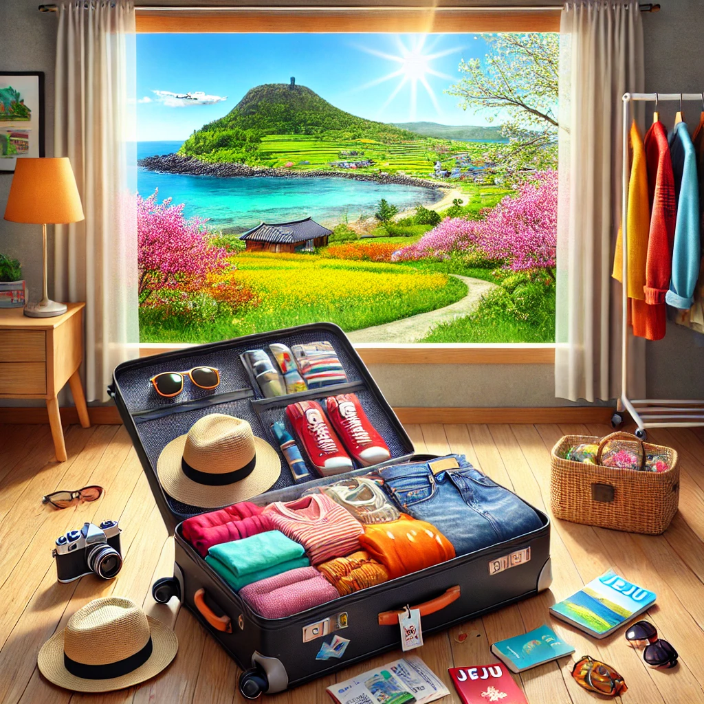 제주도의 봄 풍경과 함께 여행 가방을 꾸리는 모습, 알록달록한 준비물이 가득한 장면