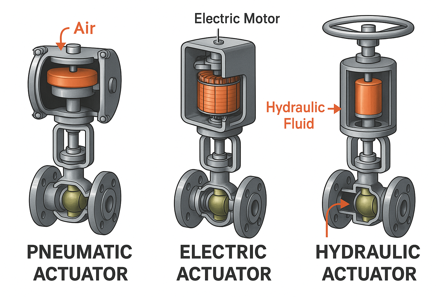 각 밸브 액츄에이터들의 단면도이다 (공압식, 전동식, 유압식 의 순서)