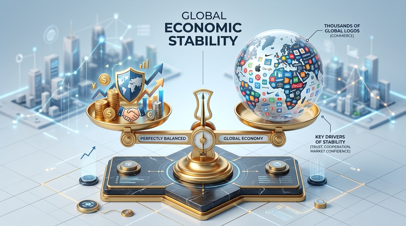 거대한 지구본이 수많은 기업 로고로 감싸여 있고, 한쪽으로 쏠리지 않게 수평을 유지하는 황금 저울의 3D 일러스트