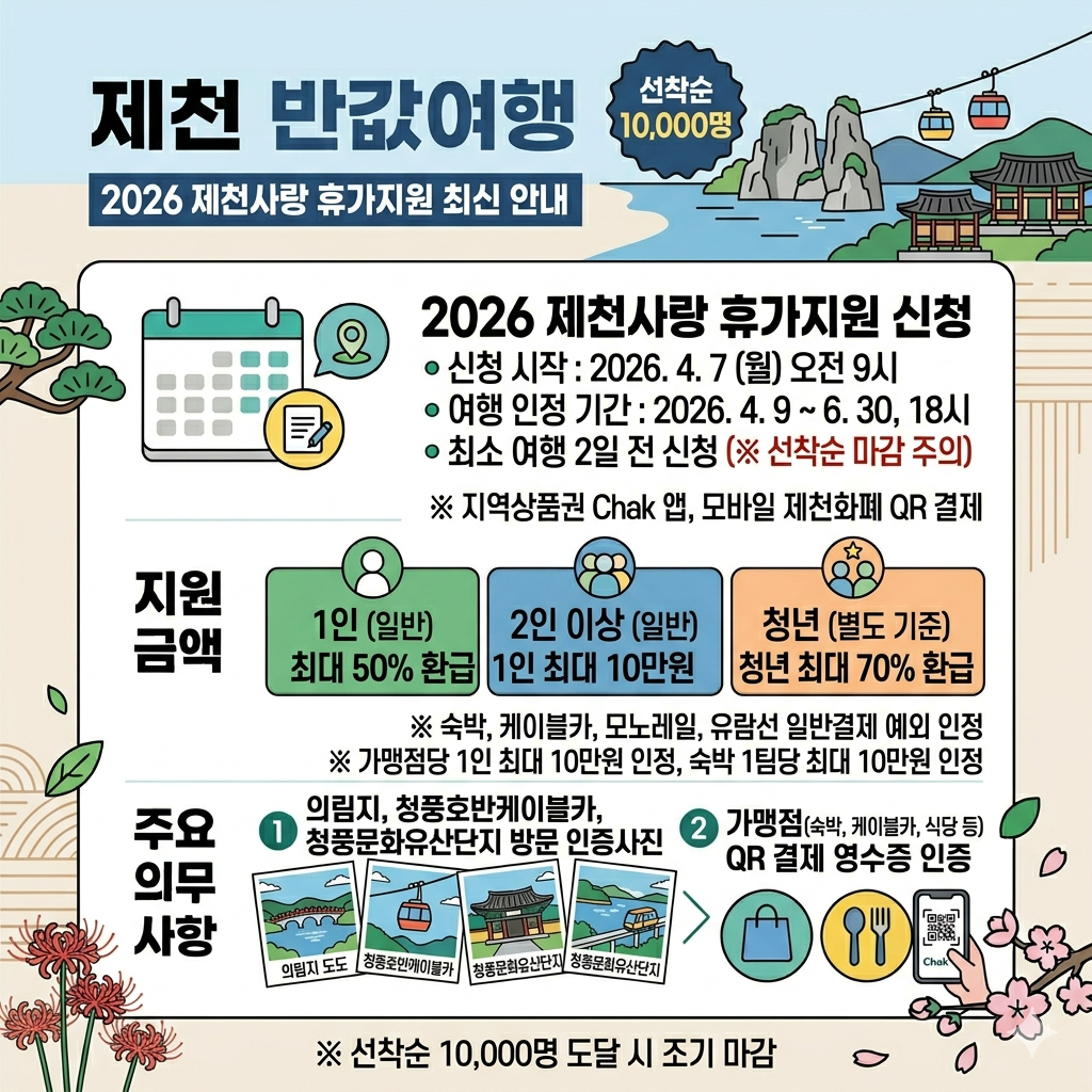 제천 반값여행 신청방법, 제천사랑 휴가지원 환급 조건 인포그래픽