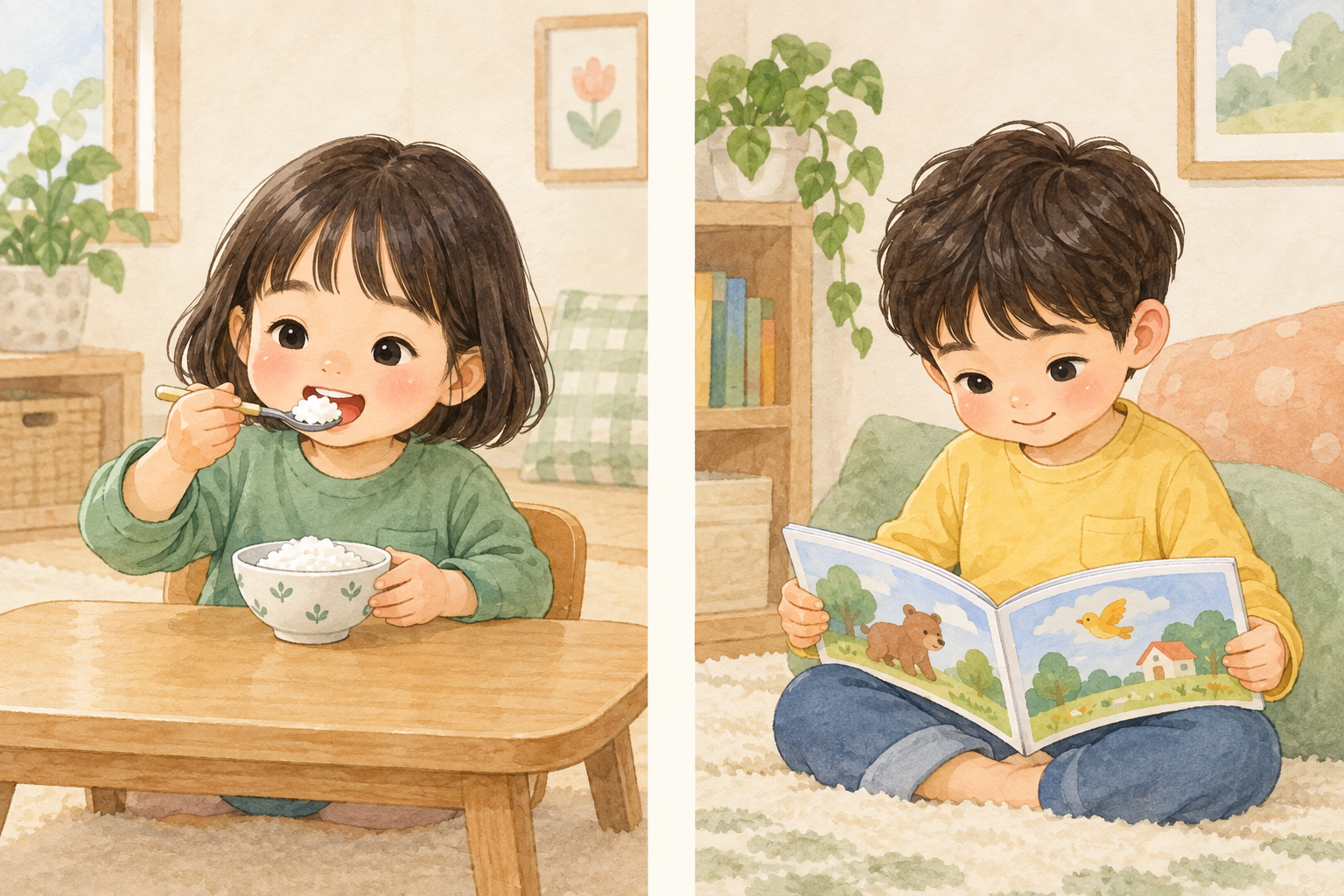 왼쪽은 숟가락으로 밥을 먹는 아이, 오른쪽은 펼친 그림책을 보는 아이