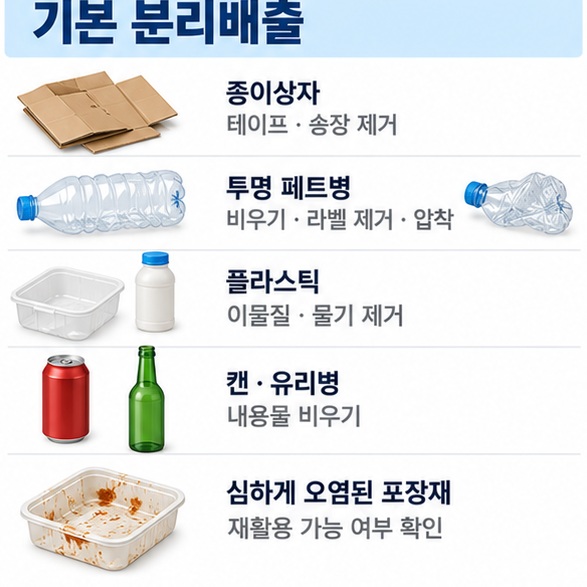 종이상자 투명 페트병 플라스틱 금속캔 유리병을 올바르게 나눠 버리는 방법을 정리한 인포그래픽