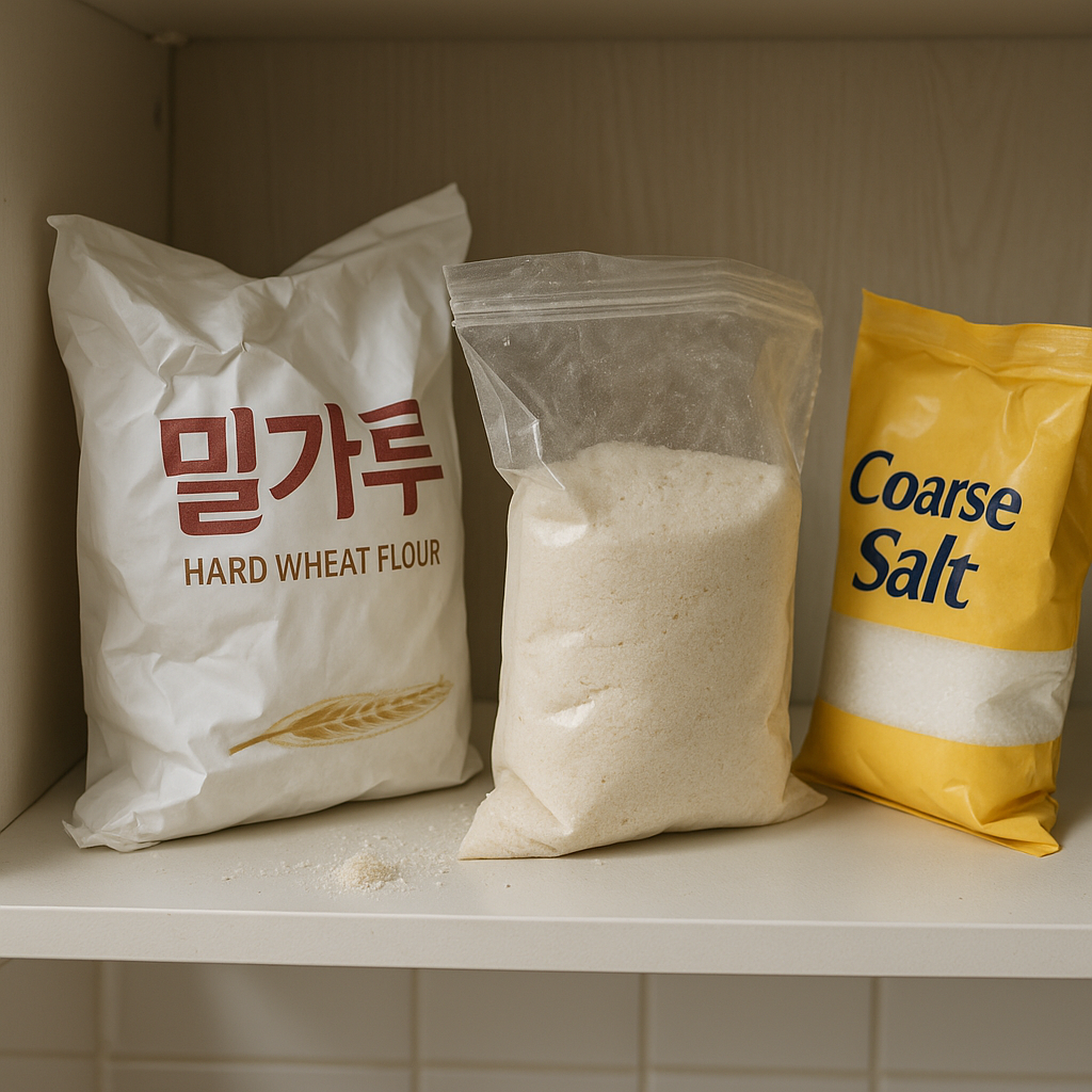 찢어진 밀가루 봉지와 굳은 설탕이 원포장 상태로 주방 선반에 놓여 있는 모습