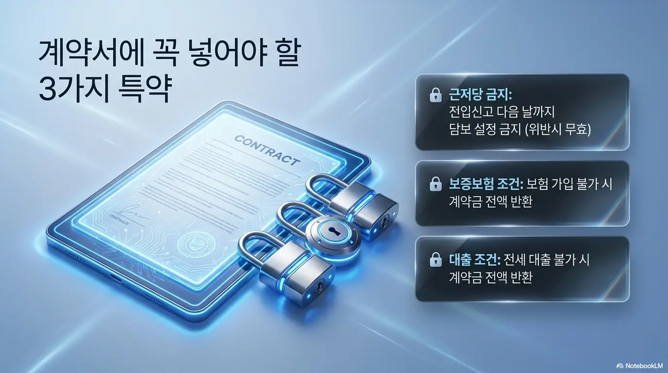 전세 계약시 유의사항: 전세계약서에 꼭 넣어야 할 3가지 특약으로 전입신고 다음 날까지 근저당 설정 금지와 보증보험 가입 불가 시 계약금 전액 반환과 전세 대출 불가 시 계약금 전액 반환 조건을 자물쇠와 계약서 이미지로 시각화한 이미지