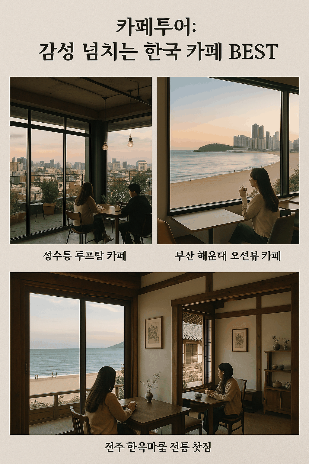 한국의 감성 가득한 루프탑, 오션뷰, 전통 찻집 카페를 담은 감각적인 실사 콜라주
