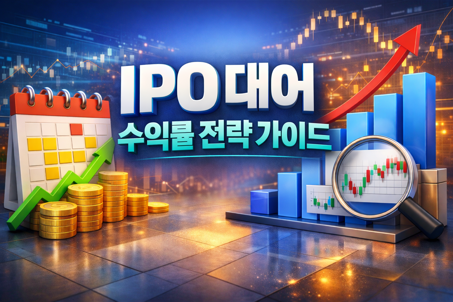 IPO 대어 수익률 전략 가이드 3D 썸네일, 공모주 청약 일정과 상장 초기 수익률 분석을 표현한 이미지