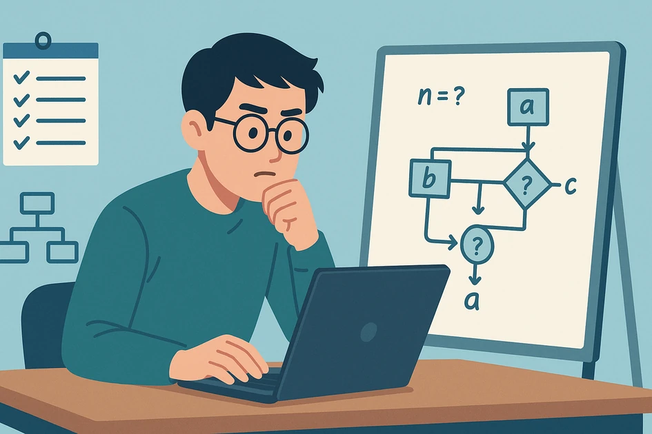 웹개발 코딩 면접을 준비하는 한국인 취업 준비생이 노트북과 화이트보드 앞에서 알고리즘 문제를 고민하며 인터뷰를 준비하는 장면, 주변에 체크리스트와 코드 다이어그램이 배치된 모던 일러스트