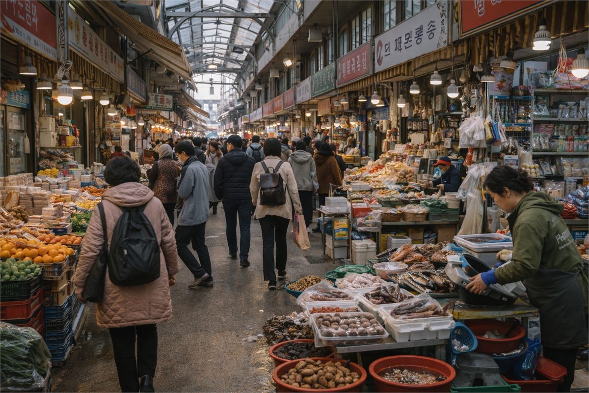 지역 전통시장 골목의 소상공인 매장이 보이는 넓은 전경 