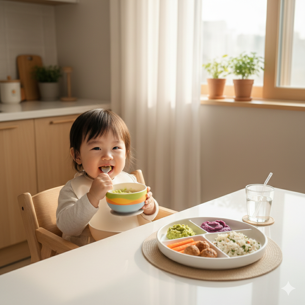 정갈하고 신선한 재료로 차려진 프리미엄 유아식 식단과 그 옆에서 맛있게 밥을 먹는 아이의 밝은 표정