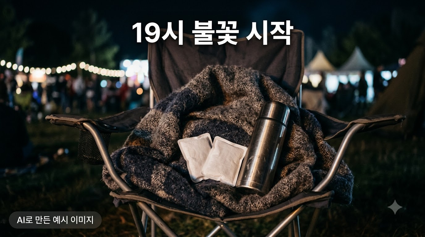 해변 의자 위에 놓인 담요와 핫팩, 보온병