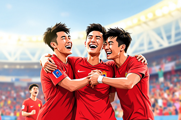 붉은 유니폼을 입은 대한민국 축구대표팀 선수들이 승리 후 경기장 세레머니 장면에서 포옹하며 기쁨을 나누는 모습