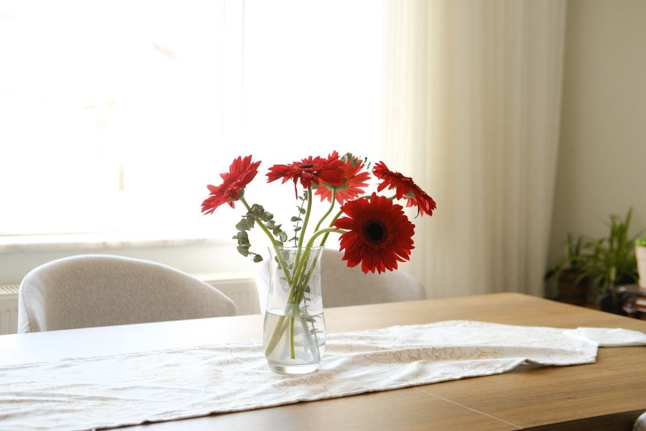 A simple indoor setting featuring red gerbera flowers in a vase on a table.