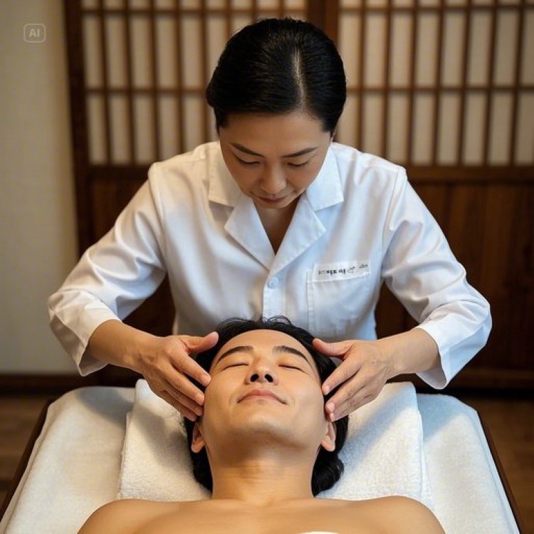 깔끔한 한국 전통 미용실 내부에서 전문 테라피스트가 고객의 얼굴을 마사지하고 있는 모습. 따뜻한 조명과 편안한 분위기의 관리실, 고객은 편안한 표정으로 눈을 감고 있고, 테라피스트는 집중된 표정으로 경락 마사지를 시행하고 있는 장면.