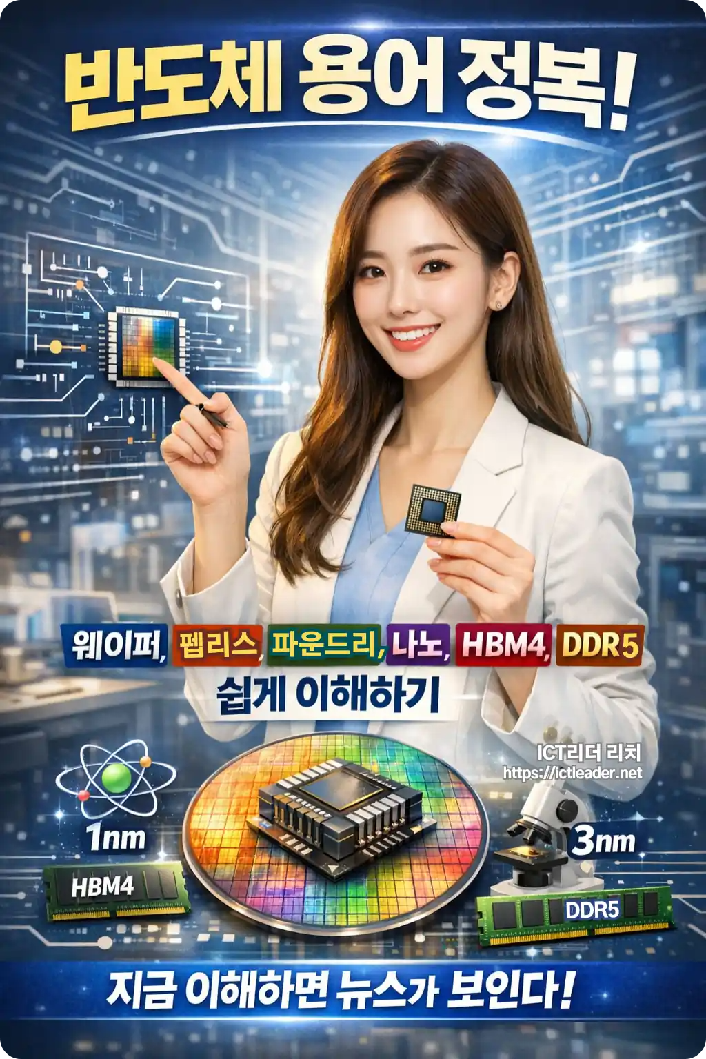 20대 한국인 여성 전문가가 반도체 칩 구조를 설명하며 회로도를 가리키는 모습의 고화질 인포그래픽