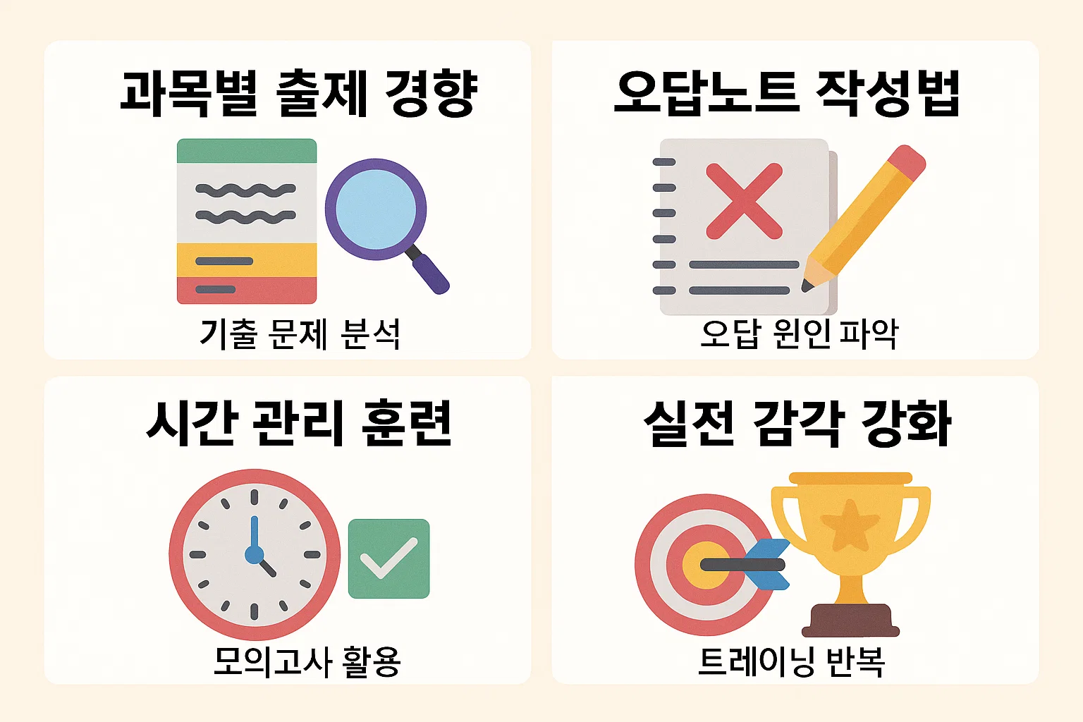 과목별 출제 경향 분석, 오답노트 작성법, 시간 관리 훈련, 실전 감각 강화 등 기출문제 기반 학습법을 시각적으로 정리한 이미지.