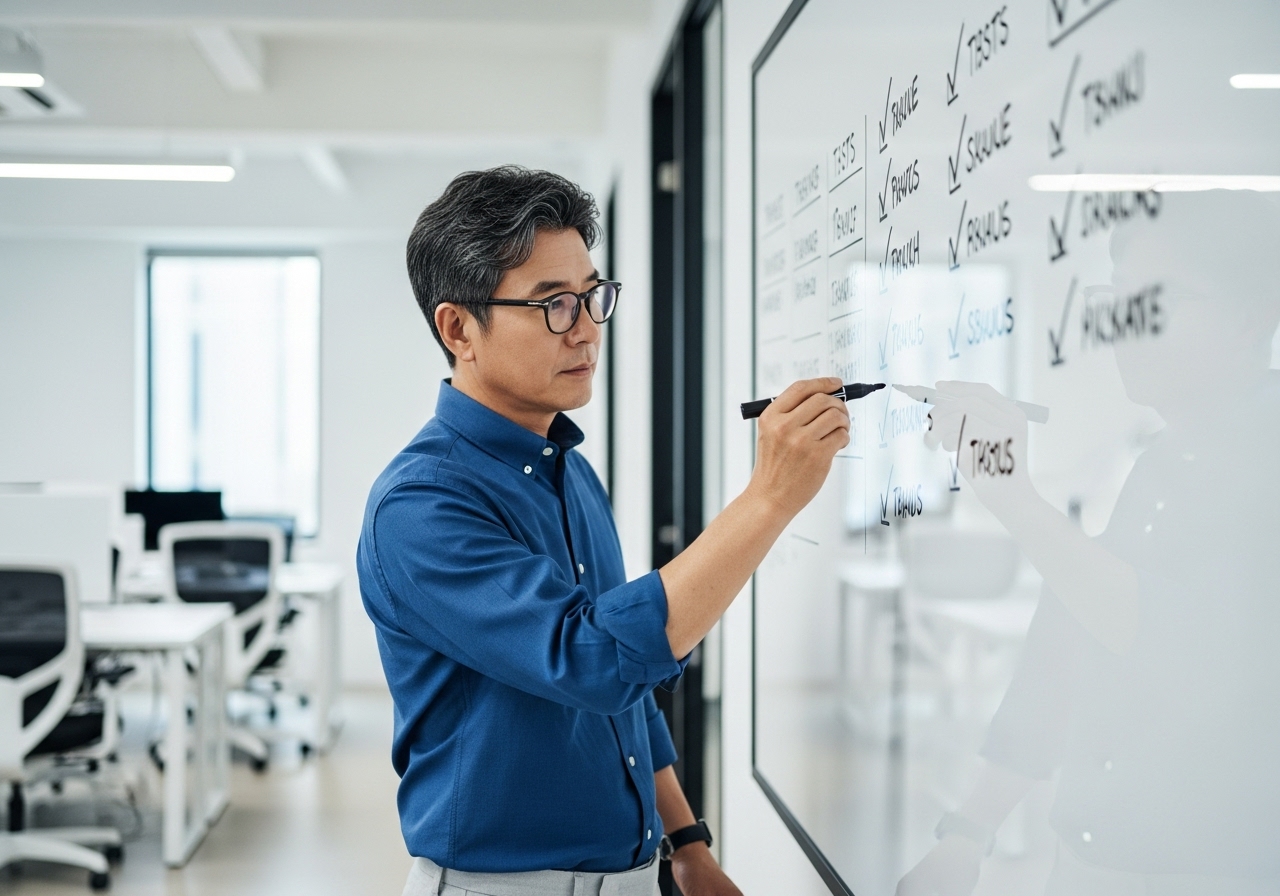 50대 한국인 남성이 화이트보드에 체크리스트 표시하는 모습