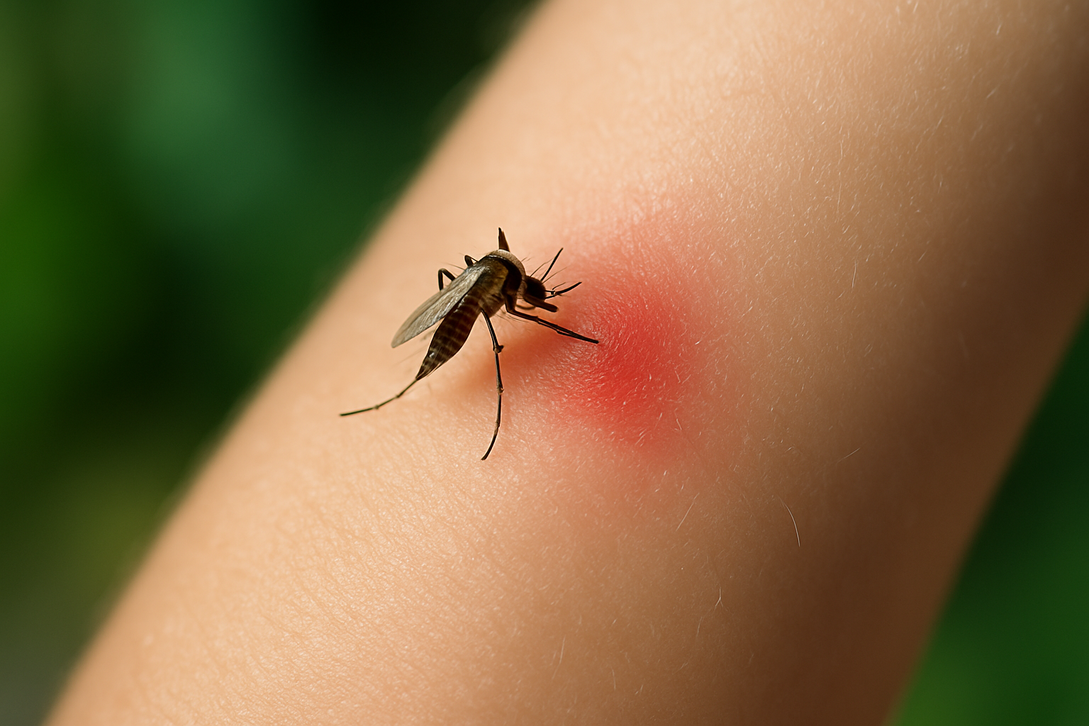 팔에 모기가 피를 빨고 있는 장면의 클로즈업 이미지 &ndash; 붉게 부은 물린 자국과 모기의 흡혈 모습 강조