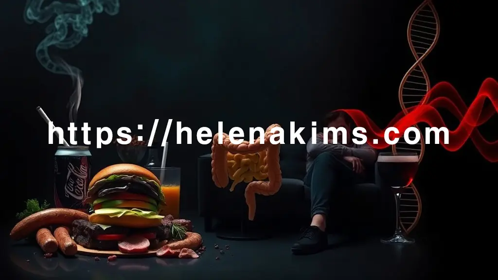 어둡고 깊이감 있는 배경 중앙에 희미하지만 위협적인 기운이 감도는 인체 대장 모형이 위치해 있고, 그 주위를 서구화된 식습관을 상징하는 햄버거, 가공육(소시지), 탄산음료와 같은 아이템들이 있는 이미지.