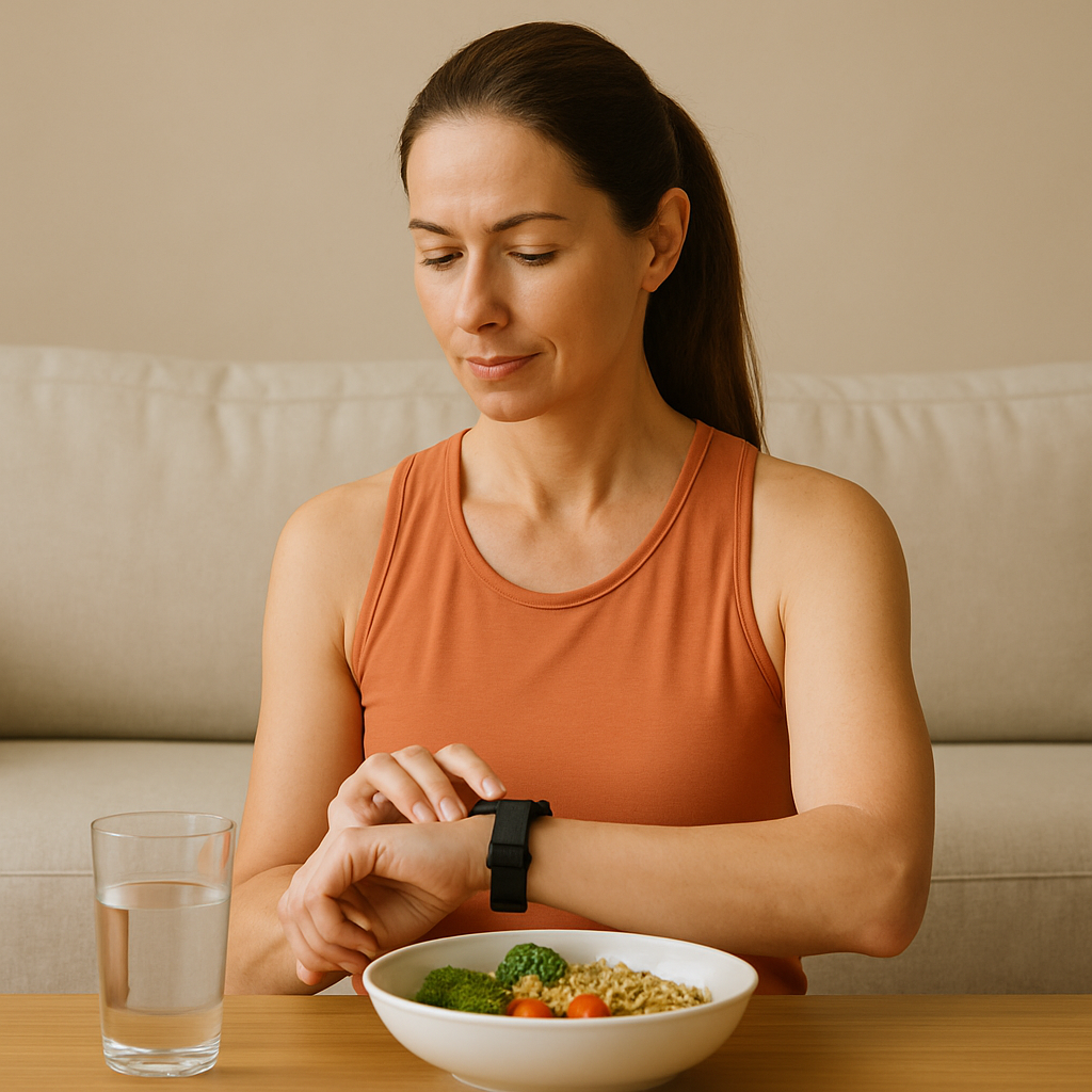 간헐적 단식을 실천 중인 40대 여성이 소파에 앉아 스마트워치를 확인하고 있다. 그녀 앞에는 브로콜리, 방울토마토, 곡물로 구성된 건강한 식사가 담긴 흰 그릇과 물 한 컵이 놓여 있으며, 여성은 차분한 표정으로 시간을 체크하고 있다.