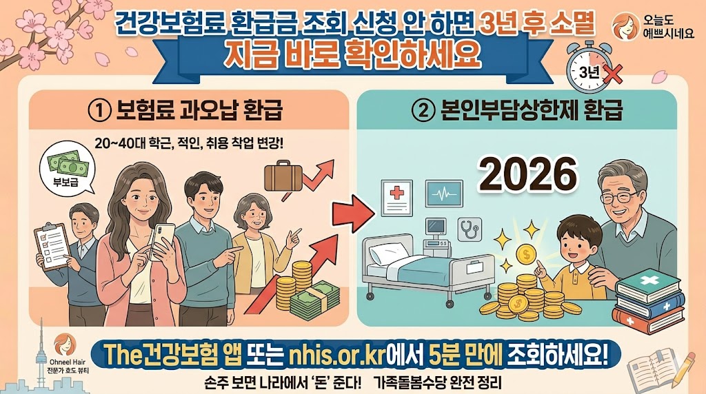 건강보험료 환급금 조회 및 신청 방법 총정리 인포그래픽. 보험료 과오납 환급(이중납부&middot;자격 변동)과 본인부담상한제 환급(연간 의료비 상한액 초과) 두 가지 종류를 40대 전후 성인과 조부모, 손주의 모습을 통해 시각화하고, 'The 건강보험 앱'과 'nhis.or.kr'에서 5분 만에 조회하라는 긴급 알림과 즉각적인 행동을 유도하는 이미지.