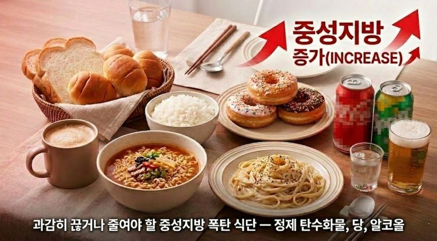 중성지방 수치를 급격히 높이는 빵, 면, 믹스커피, 술 등 정제 탄수화물과 당류 위주의 나쁜 식단
