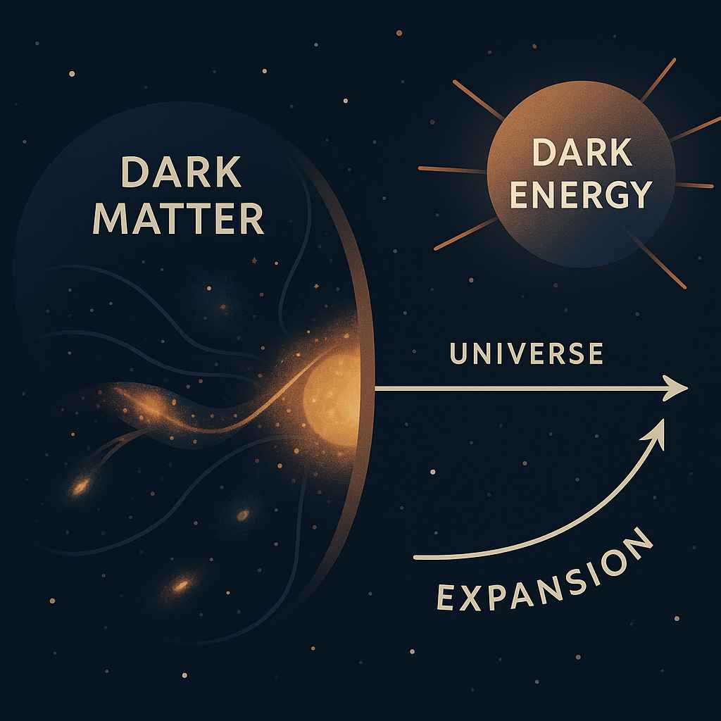 암흑물질과 암흑에너지의 우주 팽창 역할을 시각적으로 설명한 이미지