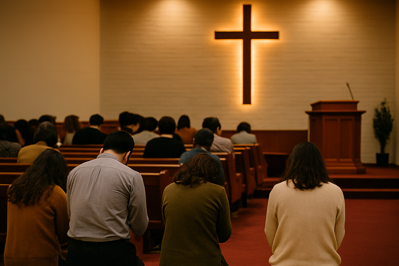 교회 본당 안에서 성도들이 무릎을 꿇고 기도하며 예배드리는 모습. 앞쪽에는 불빛이 비추는 나무 십자가가 걸려 있고, 강단과 의자들이 함께 배치되어 경건하고 은혜로운 금요예배의 분위기를 전한다.