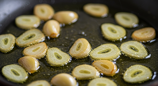 후라이펜에 마늘이 노릇노릇 볶아지고 있는 모습