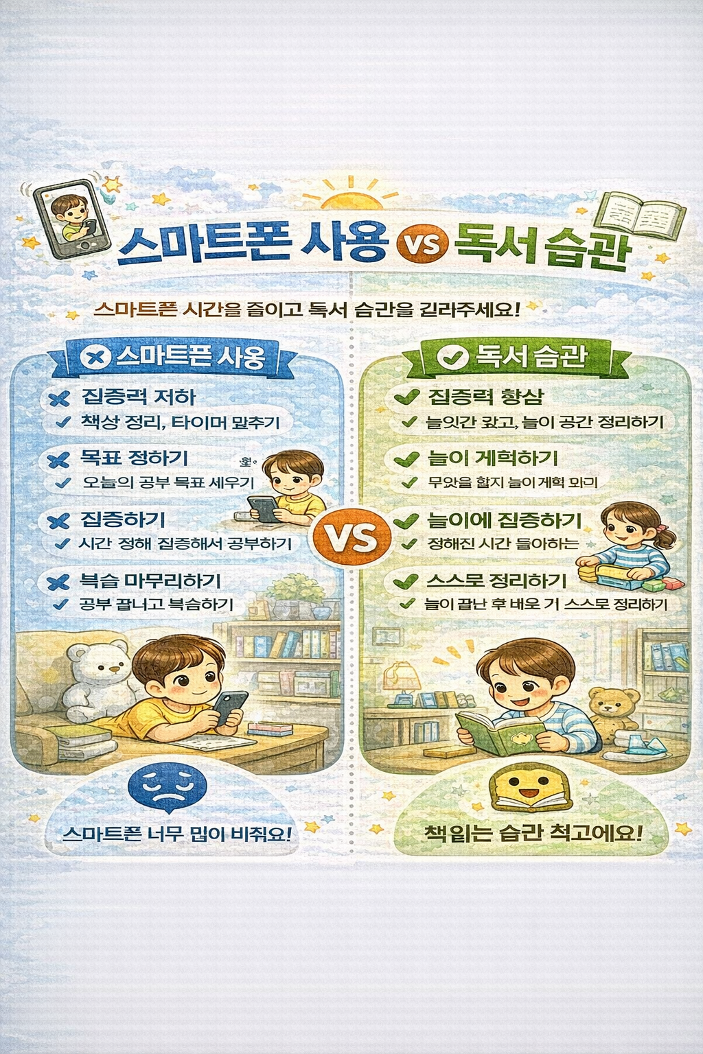 스마트폰 사용 vs 독서 습관 관련 사진