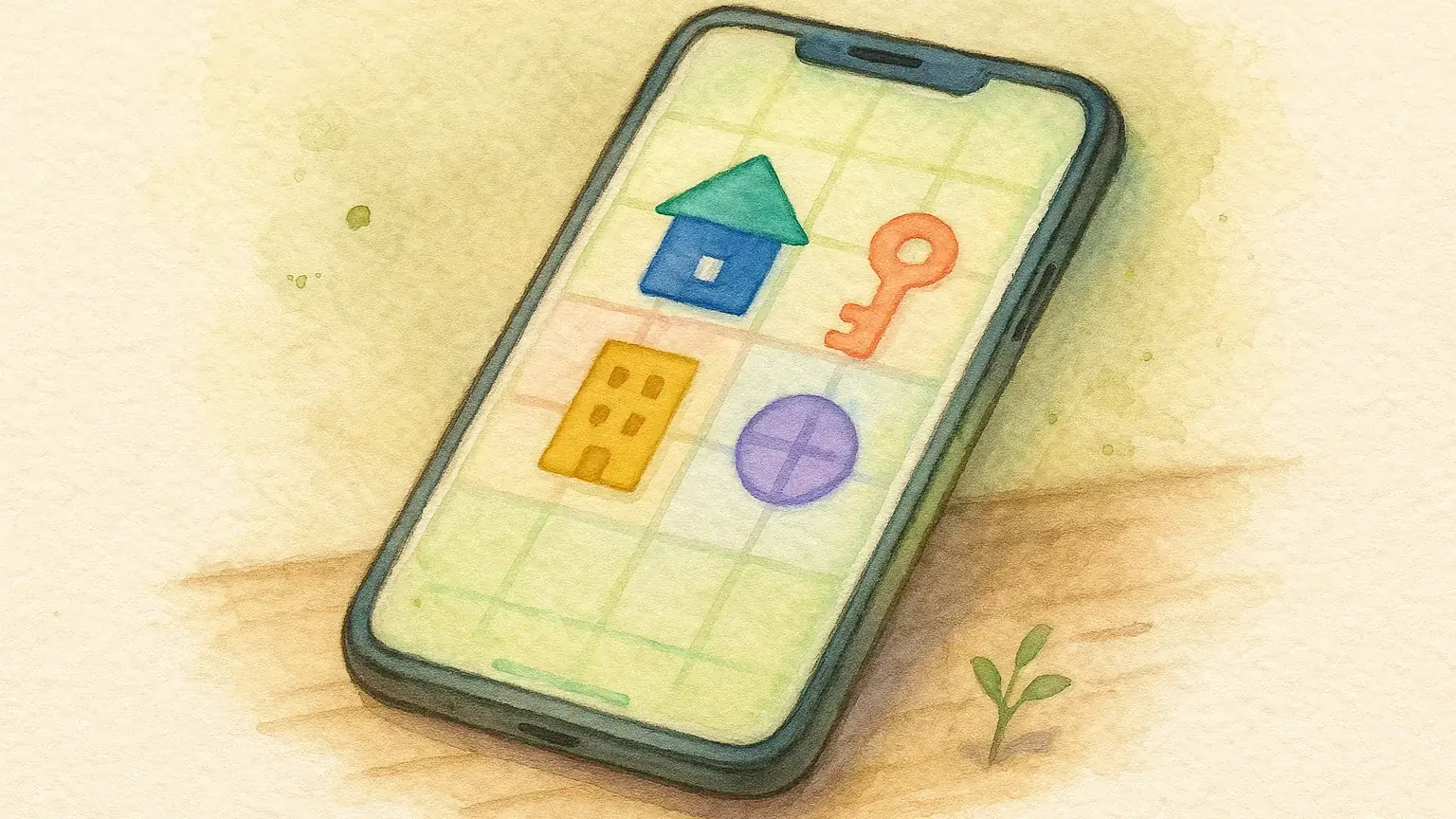 5개 부동산 앱 아이콘들이 스마트폰 화면에 표시된 모습, 각 앱의 특징적인 색상과 로고가 선명하게 보이는 이미지