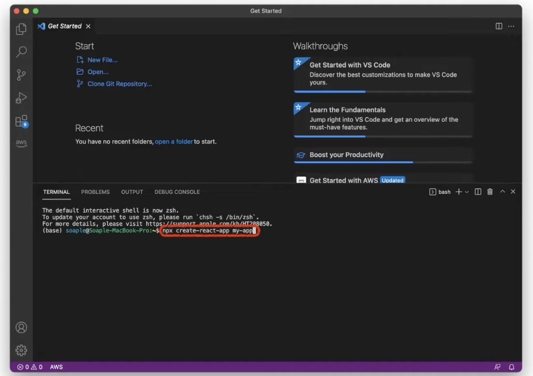 npx create-react-app my-app 실행 후 프로젝트 생성 중인 터미널 화면