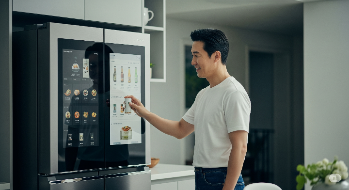AI 기반 스마트 냉장고를 조작하는 남성