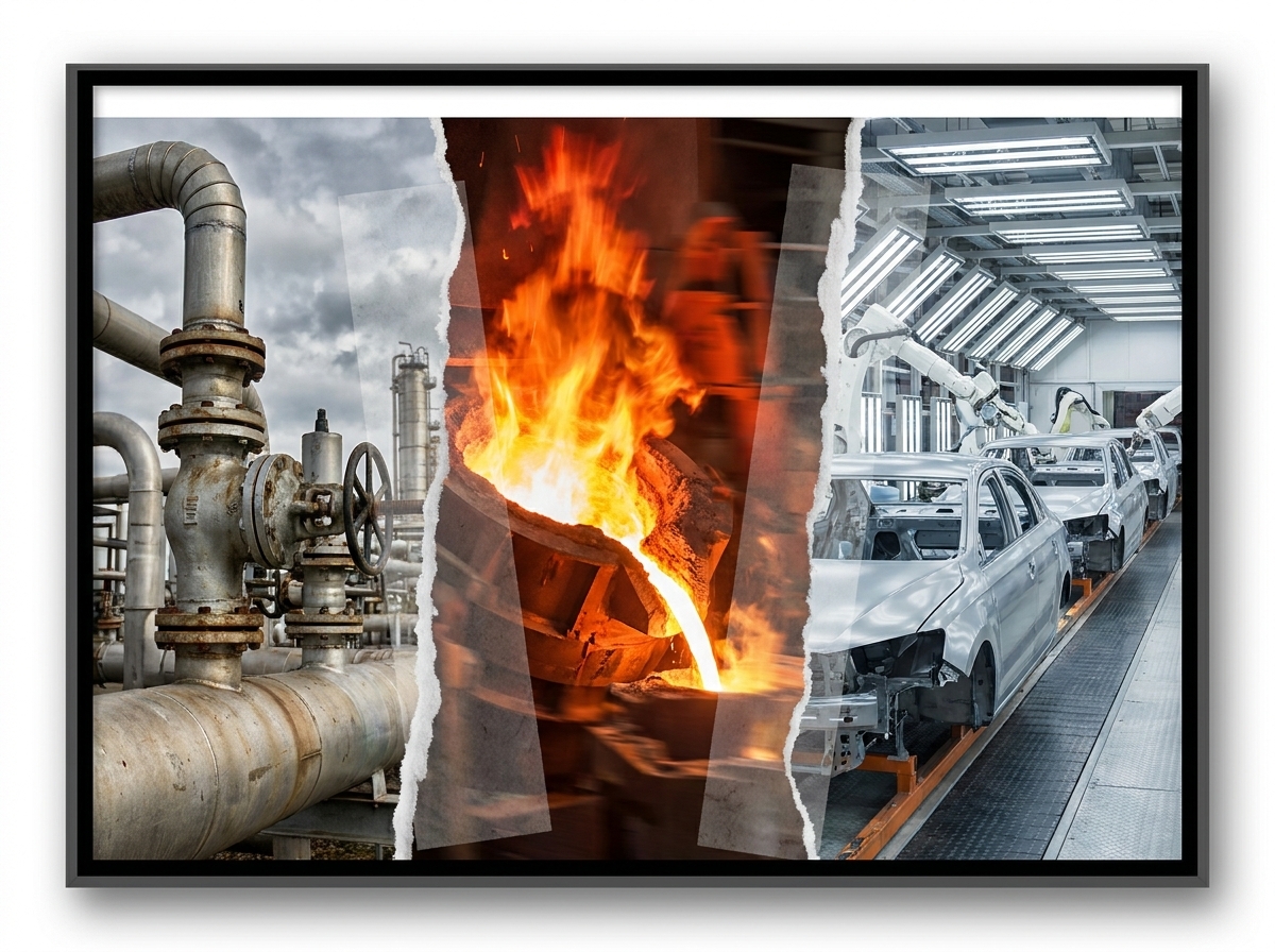 화학 공장의 파이프라인과 철강 생산 공정의 불꽃, 그리고 신형 자동차 라인이 교차되는 세련된 3분할 콜라주 이미지