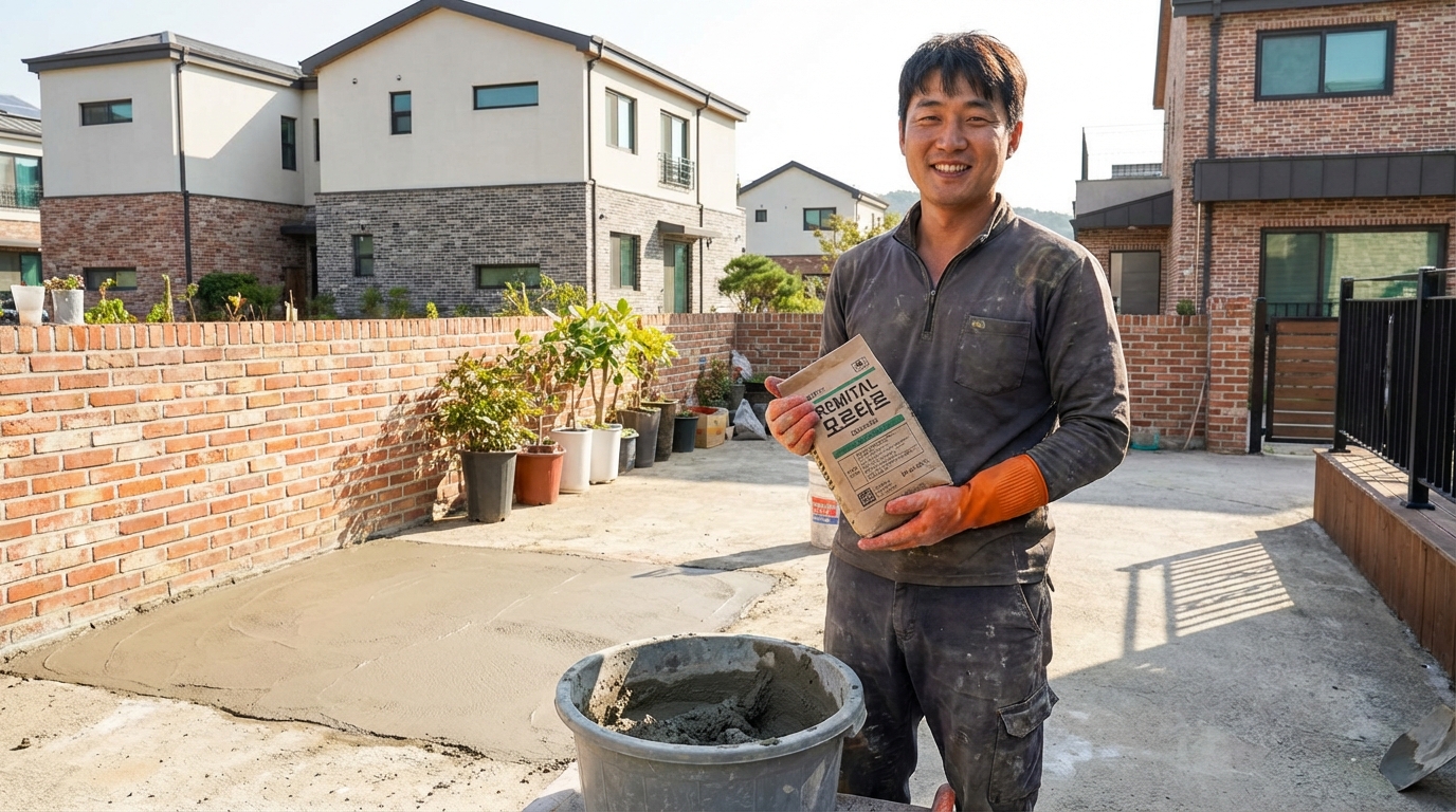 한국의 마당에서 사모래 보수를 마친 후 밝게 웃고 있는 남성과 보수된 콘크리트 바닥