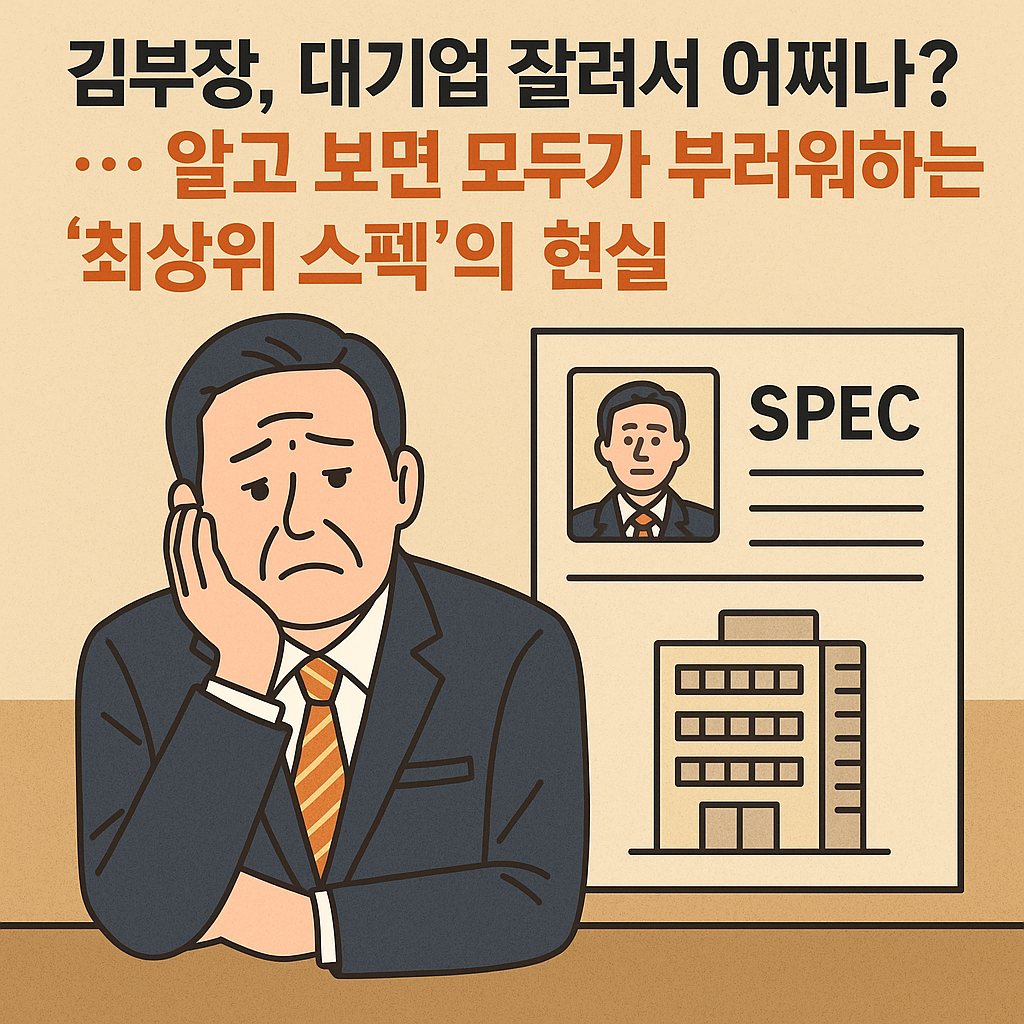 “대기업에서 퇴직 위기에 놓인 중년 직장인이 책상에 턱을 괴고 걱정하는 모습 옆으로, 그의 화려한 스펙과 회사 건물이 함께 표현된 일러스트”