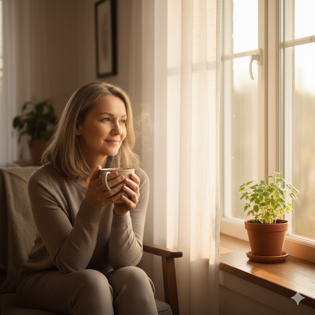 햇살이 들어오는 창가에서 따뜻한 허브차를 들고 미소 짓는 건강한 중년 여성