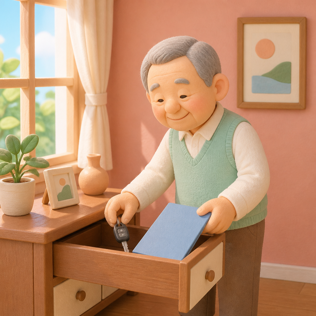 햇살 드는 거실에서 자동차 열쇠와 증권을 서랍에 넣는 할아버지
