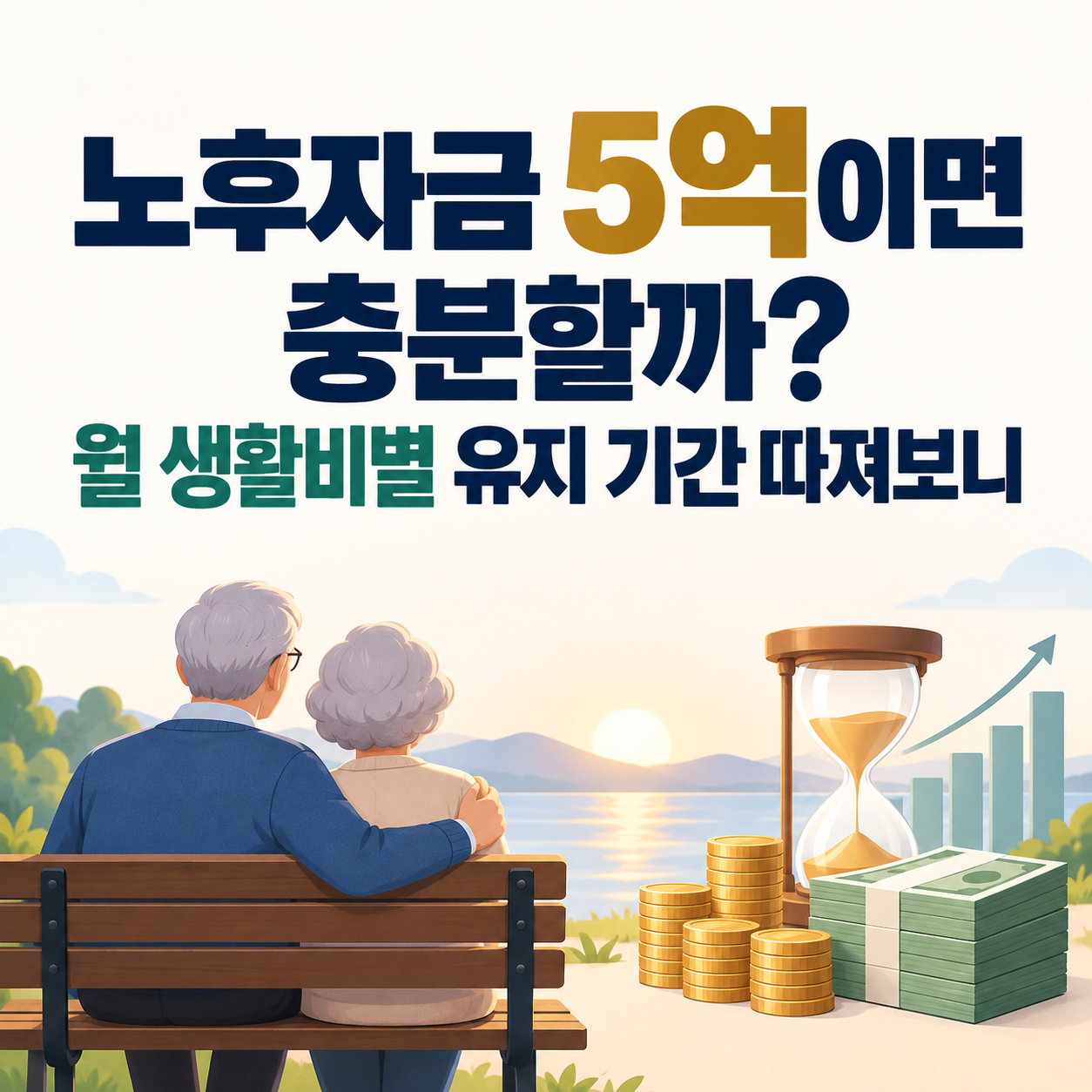 노후자금 5억원의 유지 기간을 주제로 은퇴한 노부부, 저축금, 동전, 모래시계를 표현한 금융 인포그래픽 이미지