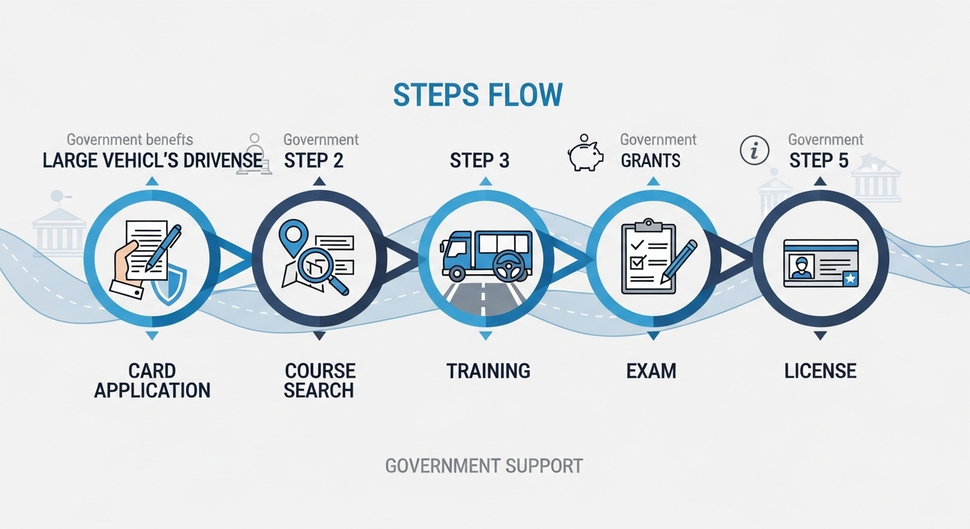 대형면허 국비지원 취득 절차를 나타내는 인포그래픽.