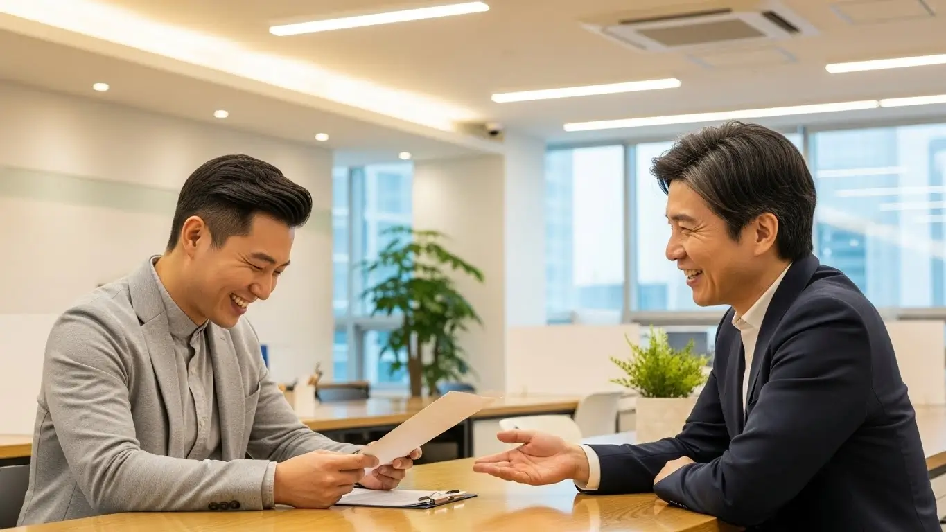 서민금융통합지원센터 창구에서 상담을 받고 소액생계비대출을 승인받아 안도하는 모습