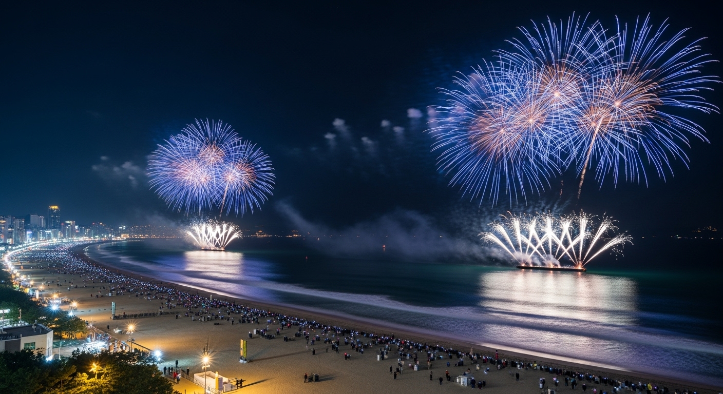 부산 해운대 겨울밤 바다 위로 화려하게 터지는 새해맞이 불꽃축제의 장관
