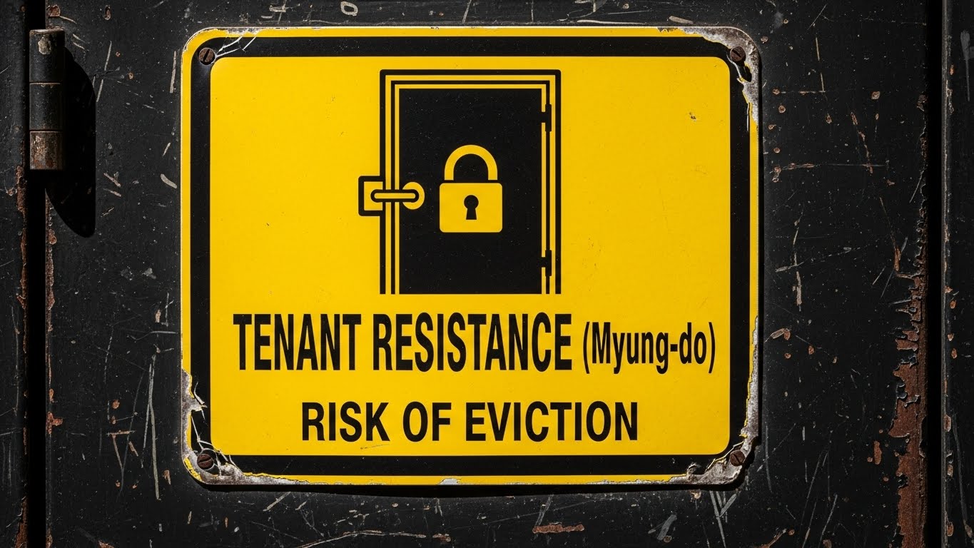 A warning sign showing a locked door with 'Tenant Resistance (Myung-do)' written on it, emphasizing the risk of eviction.