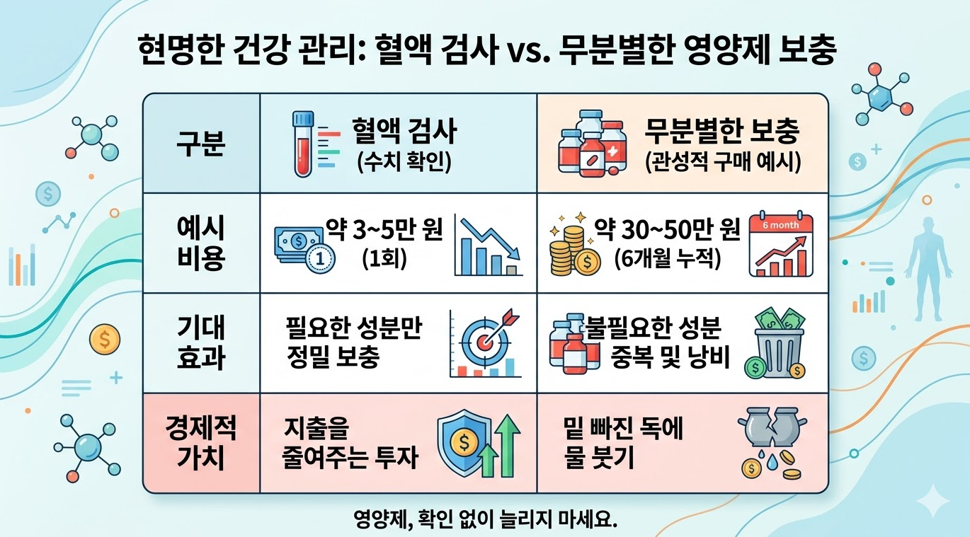 혈액 검사와 무분별한 영양제 보충 비용 비교 표