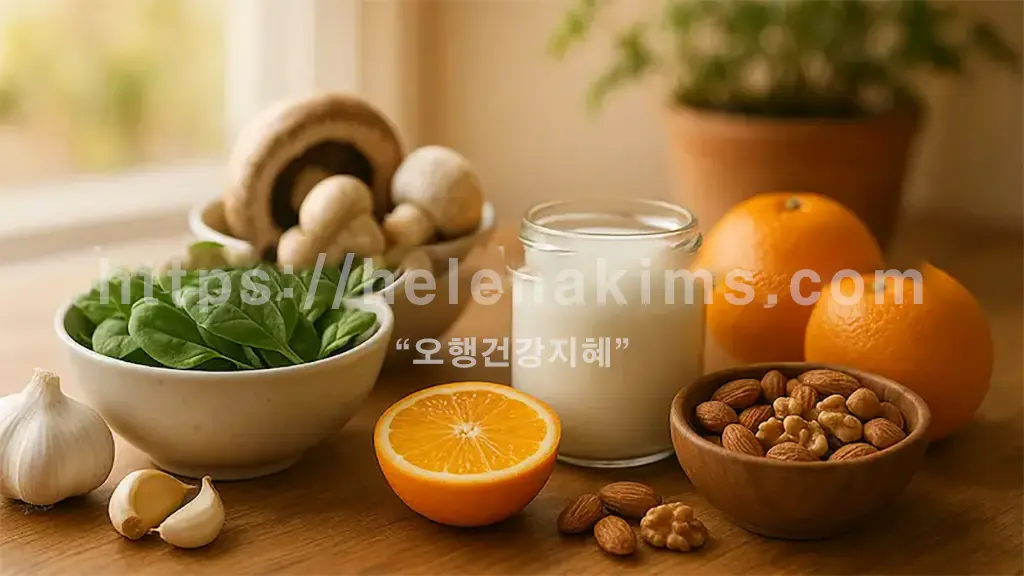 깨끗한 주방 식탁 위에 견과류, 버섯, 녹황색 채소 등 이 놓여 있는 모습.