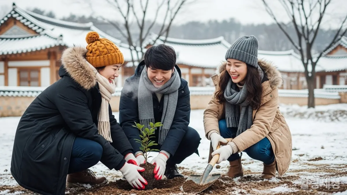 한국인들이 지역 사회 공헌 활동으로 나무를 심는 재생형 관광 모습