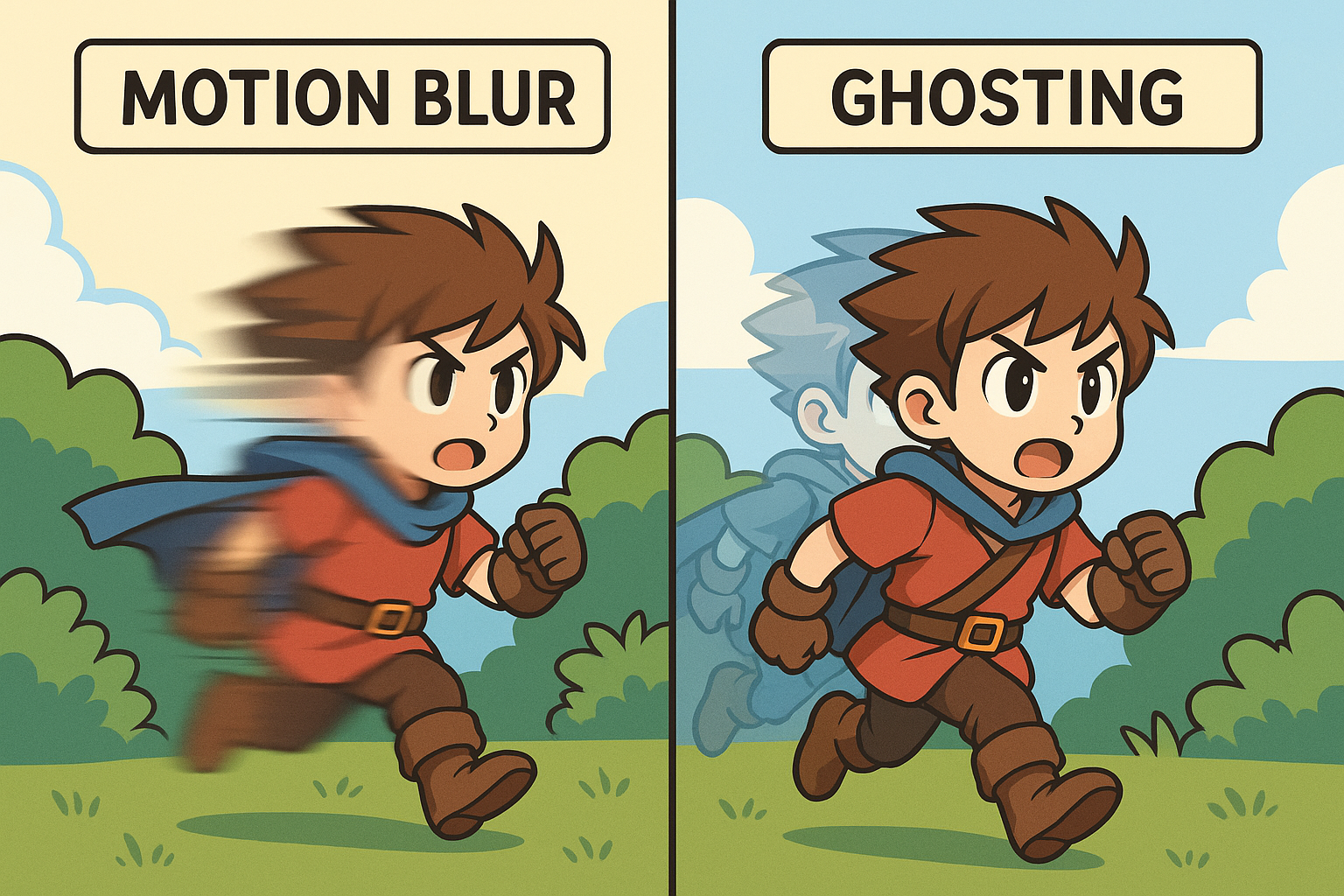 잔상(Motion Blur)과 고스트(Ghosting) 현상의 차이를 설명한 비교 도식 이미지