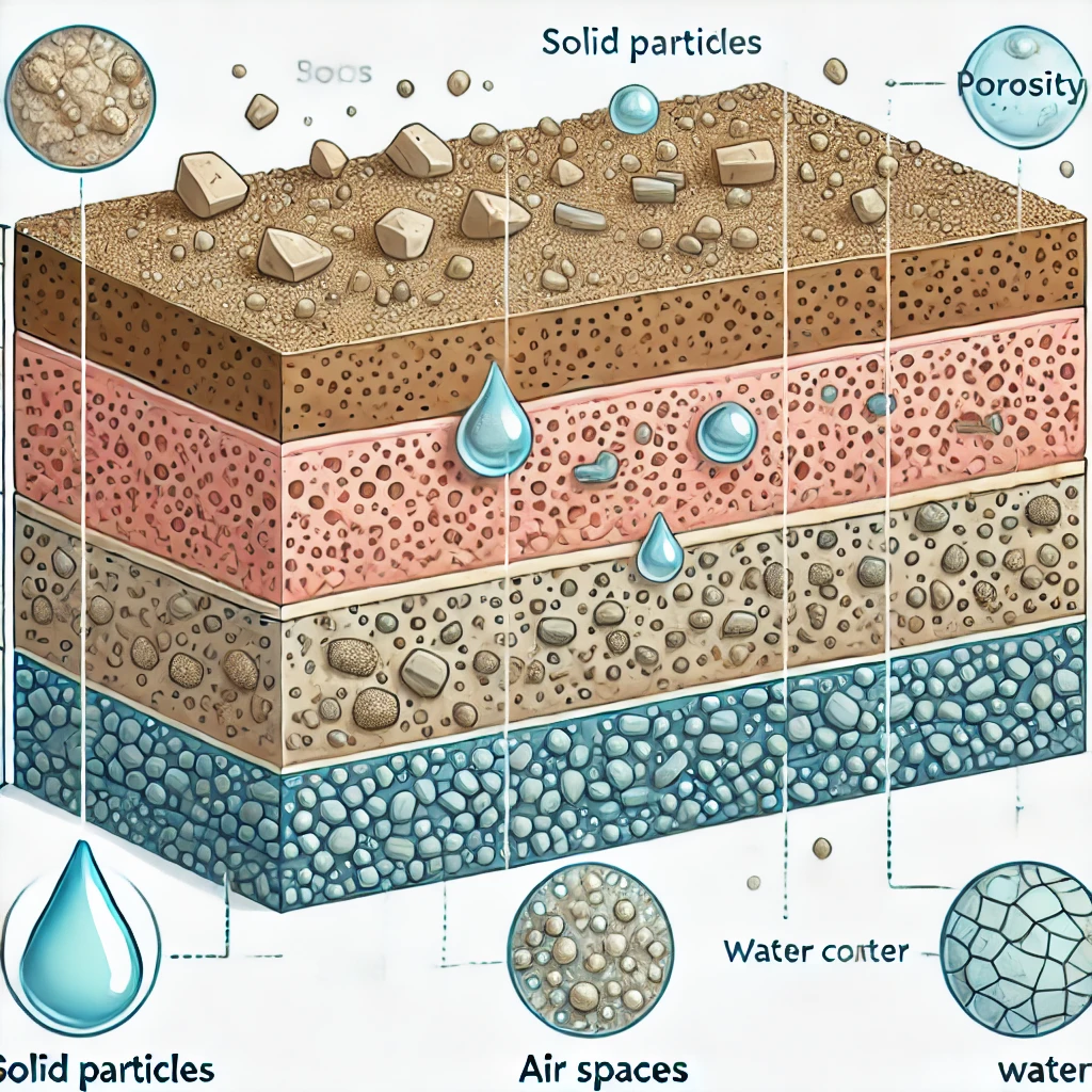 토양 입자 사이에 공기와 물이 채워진 공극이 명확하게 표현되었으며, 고체 입자, 공극률, 수분 함량이 시각적으로 구분됨. 지질학 및 환경 연구에 적합한 교육용 다이어그램