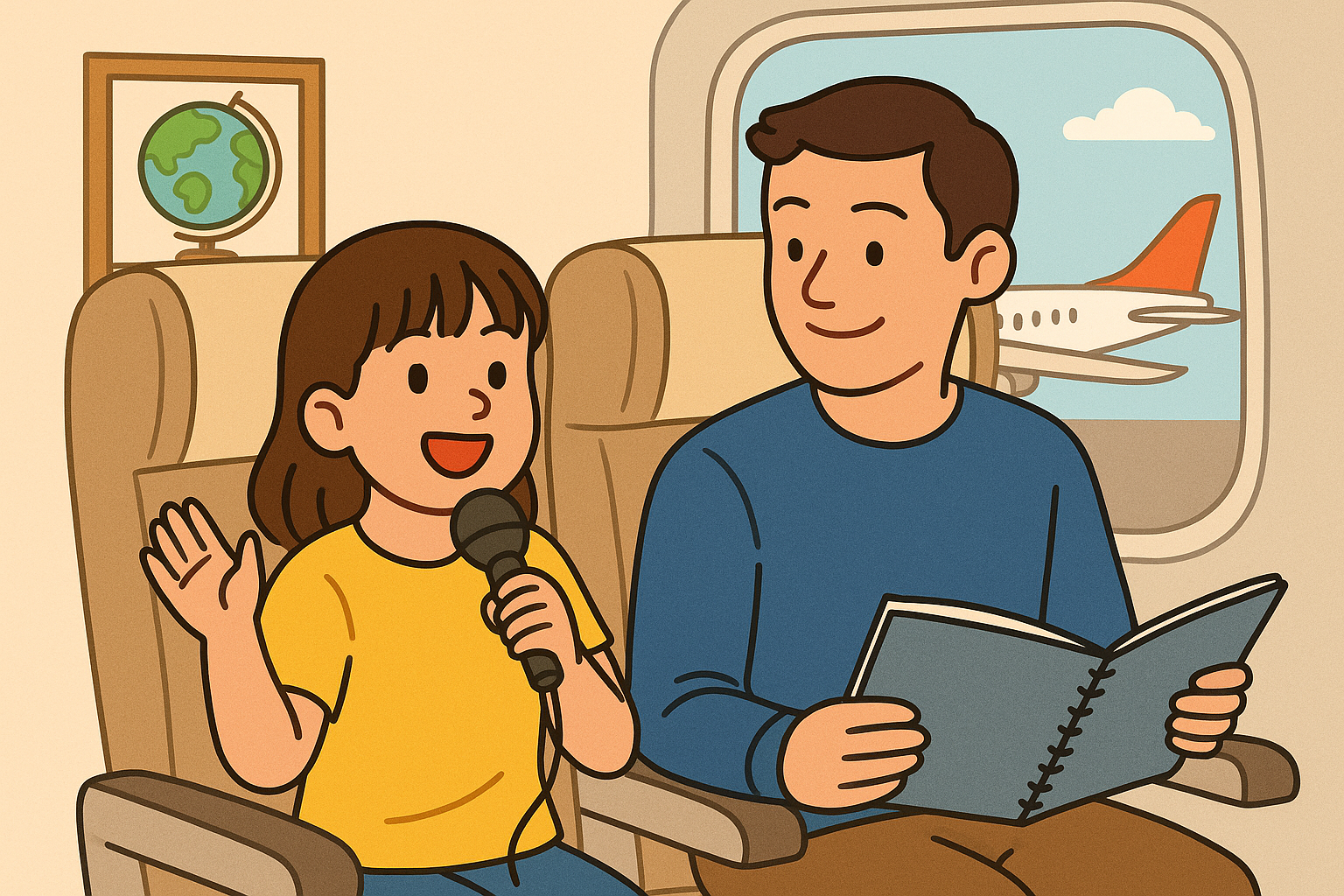 아이의 여행이 ‘말할 수 있는 여행’이 되기 위해 아빠가 딸에게 스토리텔링 훈련을 하는 이미지