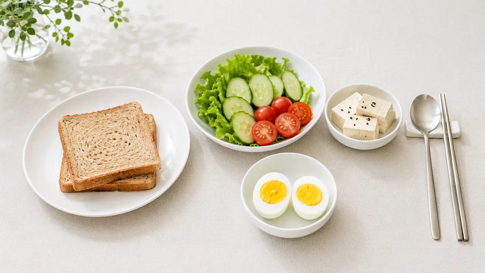 통밀 식빵 두 장과 삶은 달걀, 두부, 오이, 토마토, 양상추가 균형 있게 놓인 밝은 식탁