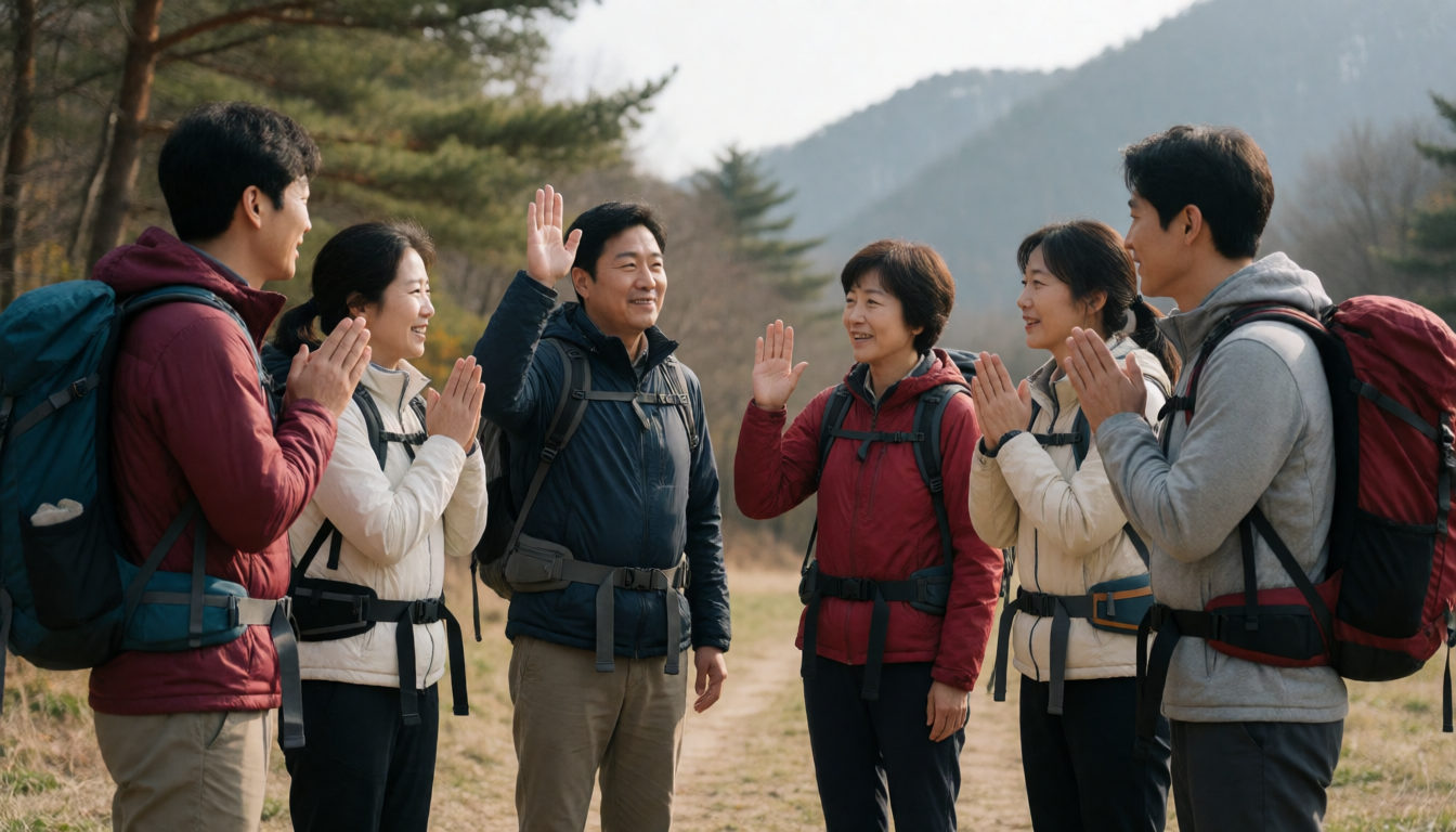 산길에서 여러 사람이 손을 들고 있는 모습